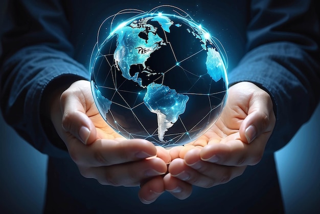 Global communication network Hands holding crystal earth globe and circle global network connectionEnergy and ecology concept Protecting earth planet and development ecological energy