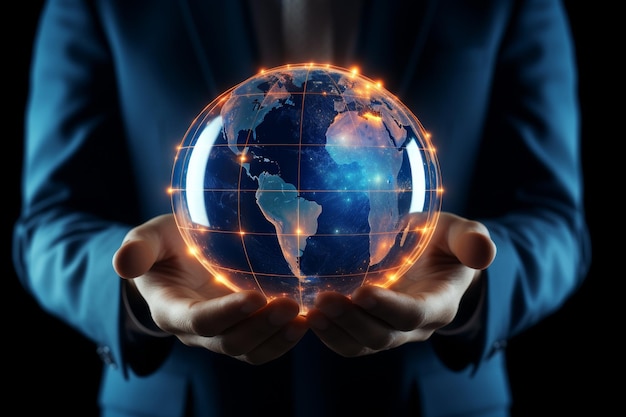 Global connectivity and business technology concept person holding glowing digital earth globe