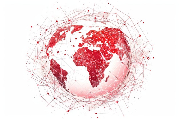 Photo global connectivity is depicted with an abstract wireframe globe on a white background