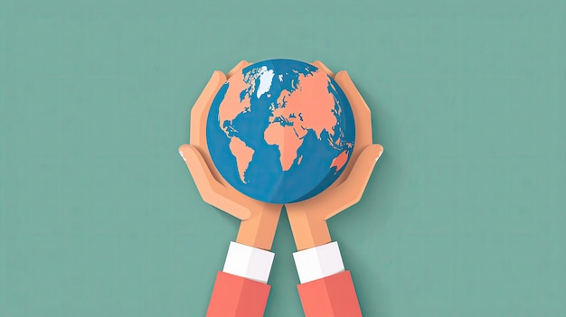 Global corporate social responsibility hands holding globe flat design illustration