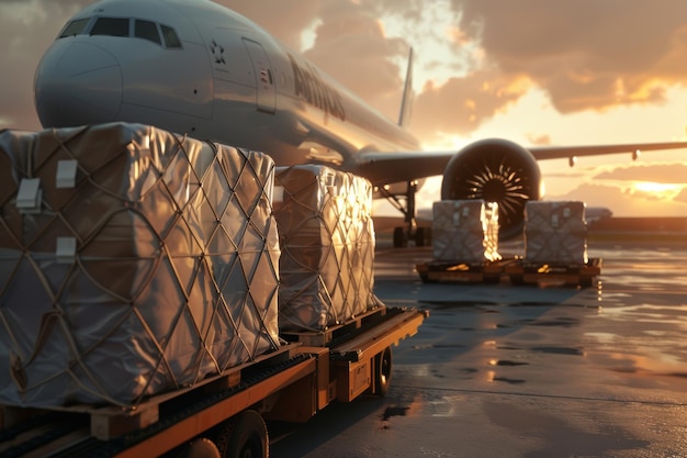 Global Delivery Services Packages Loaded onto Cargo Plane at Sunset for Worldwide Shipping