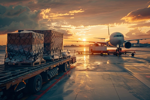 Global Delivery Speed Cargo Plane Loading International Packages at Sunset for Efficient Worldwide Service