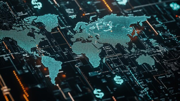 Photo global digital network with dollar signs and circuit board