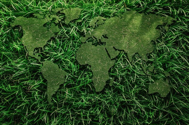 Photo global eco friendly world map on green grass background