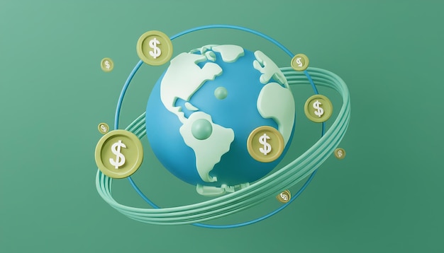 A global economy with dollar coins orbiting the Earth