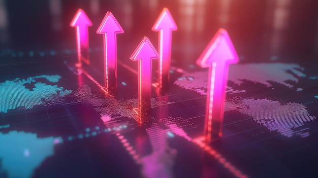 Photo global financial growth with vibrant arrows indicating upward trends on a digital map