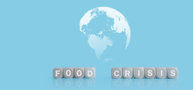 Global food crisis concept Food crisis words on wooden cubes with earth map on blue background