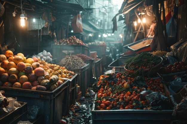 Global food waste crisis Contrasting abundance and scarcity lighting Overflowing dumpsters and hungry families background ar 32 Job ID 7e4ea4aba0b34d03a2824e9c1b11e84b