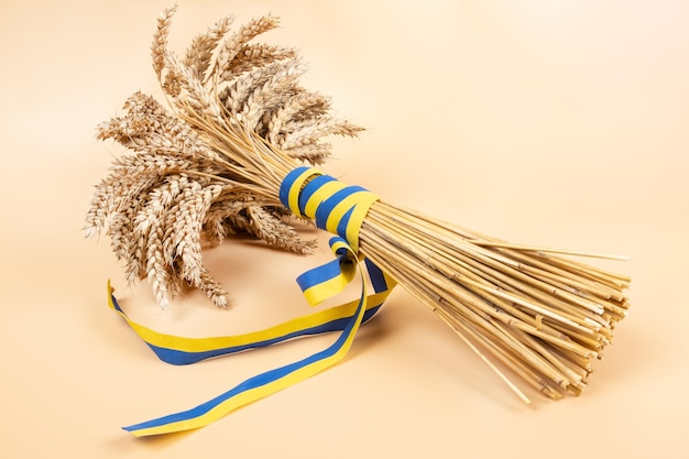 Global grain crisis bouquet with wheat wrapped in a yellowblue ribbon symbolizing Ukraine