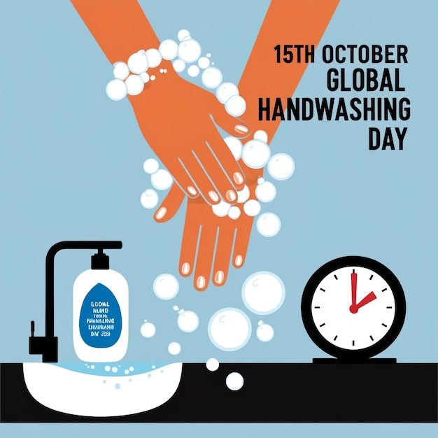 Photo global handwashing day october 15th horizontal banner template person washing hands in sink carefully with soap foam from dispenser for 2030 seconds to prevent infections including coronavirus