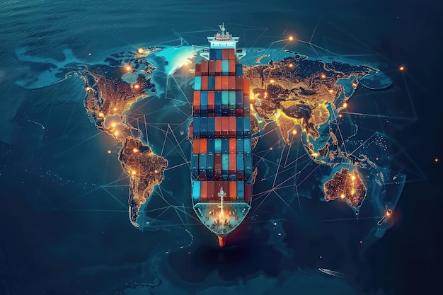 Global logistic and transportation of container cargo by ship world map on top view freight shipping