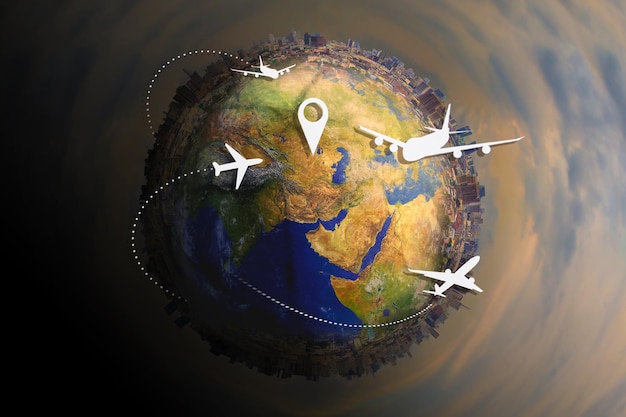 A global logistics delivery management system with aircraft simulated screens showing various flights for transport and passengers