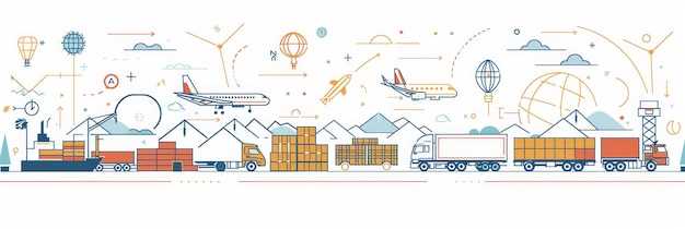 Global Logistics and Transportation Network A graphic illustration depicting a global logistics ne