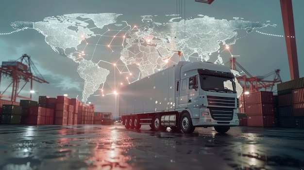 Global Logistics and Transportation Semitruck at the Port with World Map Overlay