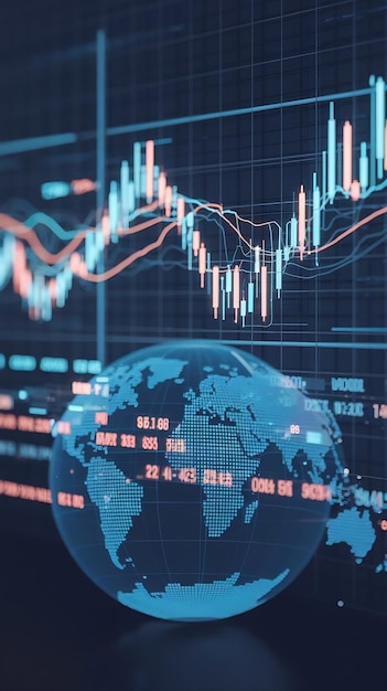 Global market growth and analytics concept with digital blurred financial chart candlestick on blue