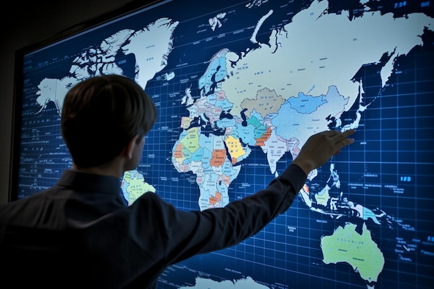 Global Markets An unrecognizable man pointing to a world map with different stock exchanges