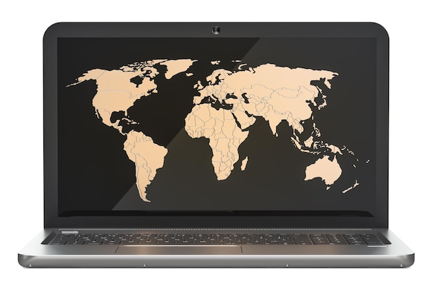 Global network connection concept Earth map on screen of notebook 3D rendering