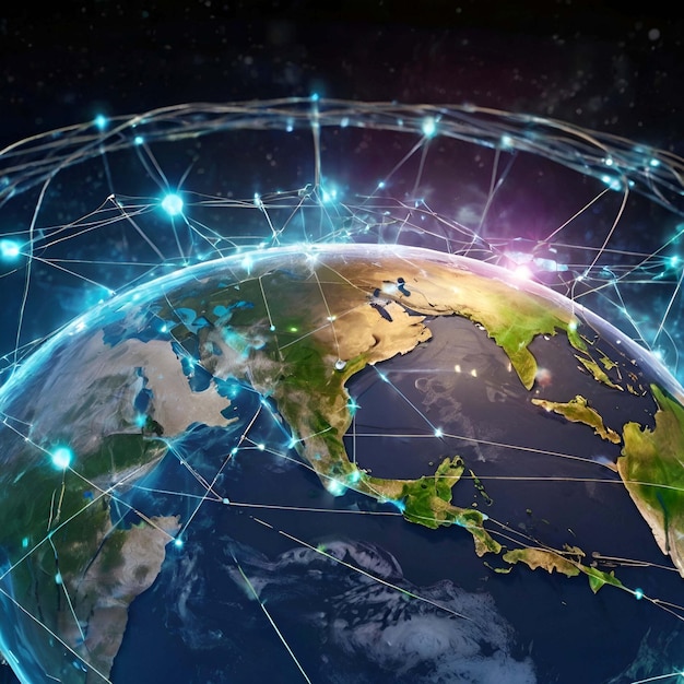 Global network connection covering the earth with lines of innovative perception