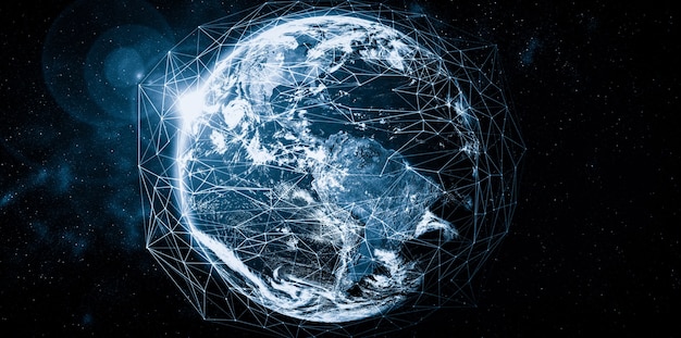 Global network connection covering the earth with lines of innovative perception