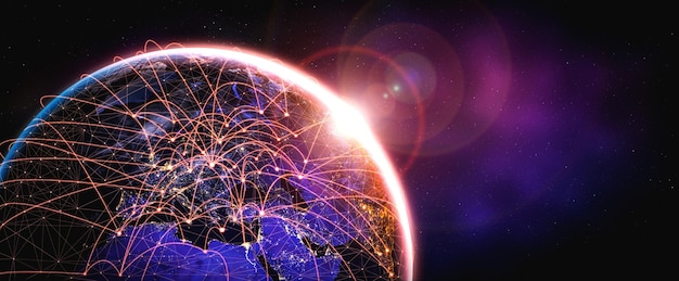 Global network connection covering the earth with lines of innovative perception