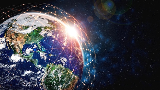 Global network connection covering the earth with lines of innovative perception