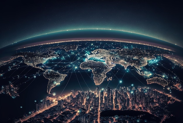 Global network and data interchange everywhere city lights across the earth at night