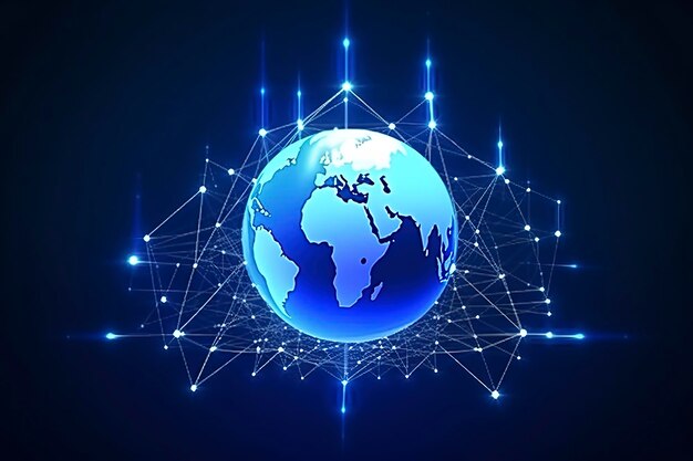 Global network on Earth concept 3D rendering World map point Big data analytics and business concept world map point and line composition concept of global business generate ai