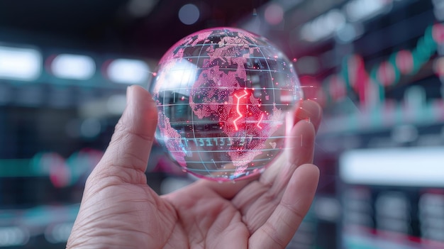 Global Network Hand Holding Glass Globe with Digital Data