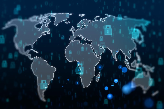 Global network security concept with digital world map covered by lock icons on dark background 3D rendering