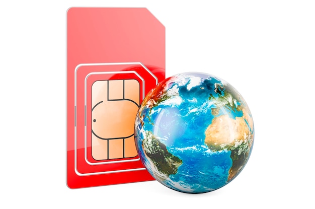 Global roaming and traveling concept Sim card with Earth Globe 3D rendering