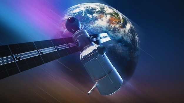 Global satellite system. Communication satellite on futuristic space background