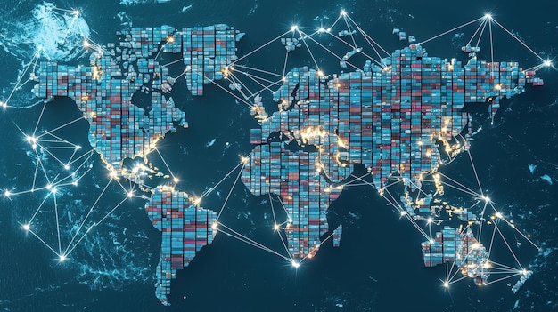 Photo global shipping network world map cargo containers logistics international trade interconnectedness