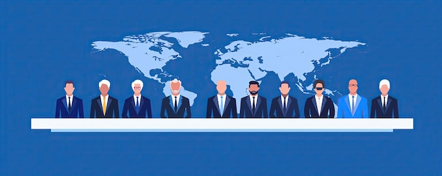 Global summit business leaders in conference flat design illustration