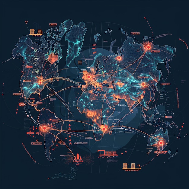 A global supply chain map showing the flow of goods between countries