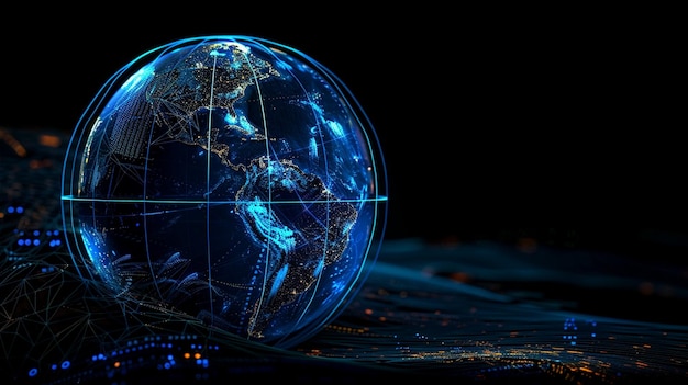 Global Technology and Innovation Concept with Blue and Black Globe on Dark Background