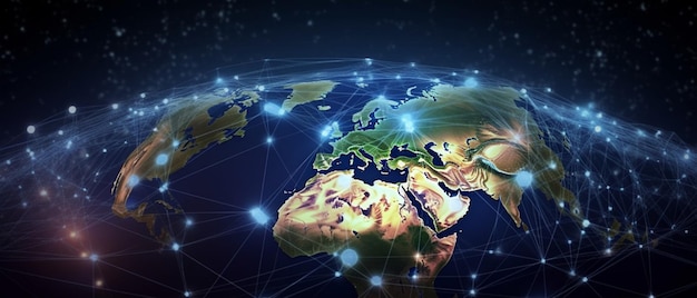 Global telecommunication network around the World with connections between data centers or satellite