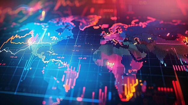 Global Trade and International Markets World Economy Map with Colorful Lights