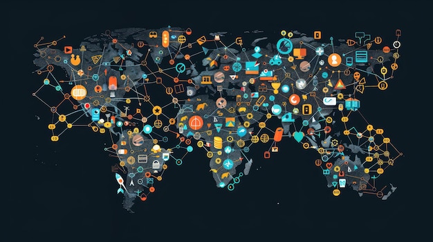 Global trade network concept world map with interconnected abstract icons