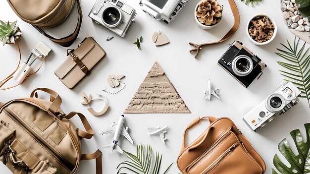 Photo global travel collage featuring iconic landmarks and travel essentials on a white background