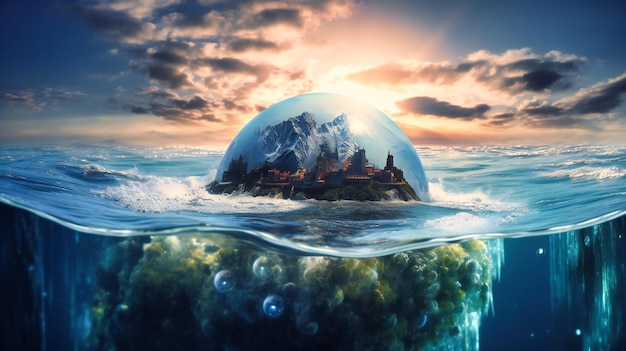 Global warming concept that Earth planet floating on top of ice sheets with a view of the ocean