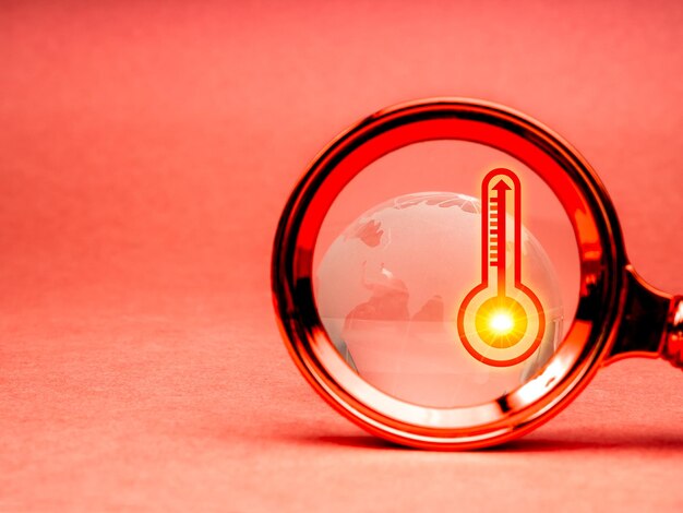 Photo global warming and greenhouse effect concepts closeup of hot degree weather thermometer high temperature icon symbol and glass earth globe in magnifying glass lens on red background with copy space