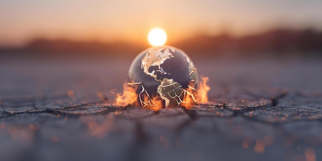 Photo global warming urgency depicted by cracked earth globe and rising flames concept climate crisis environment impact global warming awareness nature destruction