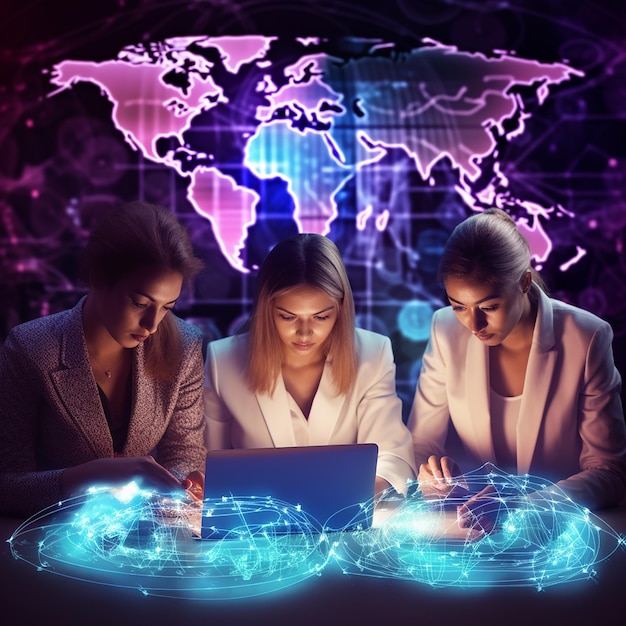 global world technology concept man writes at computer with world map neon background