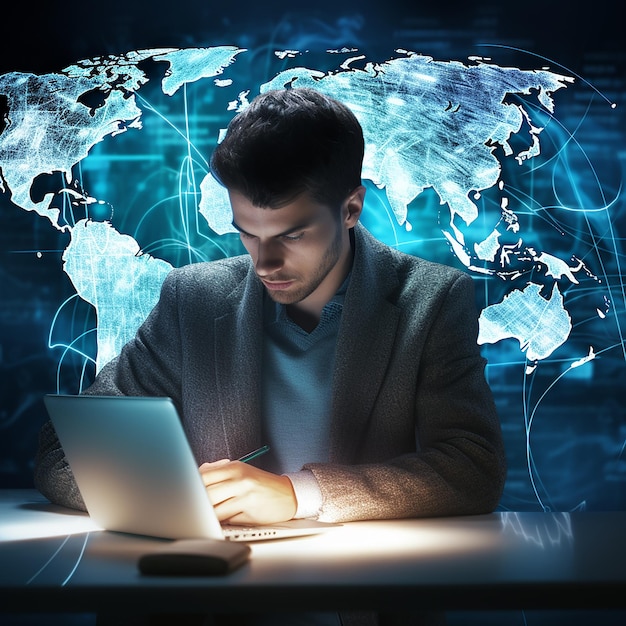 global world technology concept man writes at computer with world map neon background