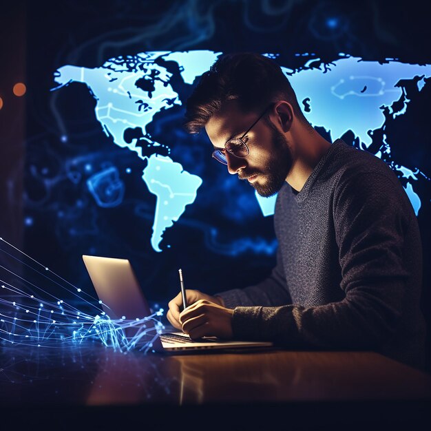 global world technology concept man writes at computer with world map neon background