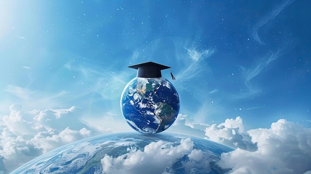 A globe adorned with a graduation hat floating amidst a vibrant sky symbolizing global education and achievement