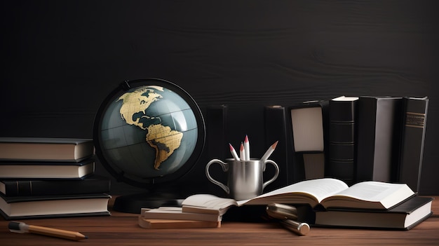 A globe and a book on a desk with a book on it