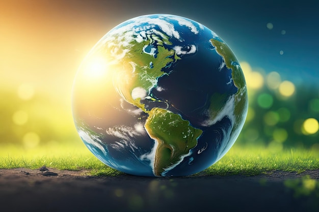 A globe on bright green grass Earth Day Concept Eco Education Environmental Awareness ai generative