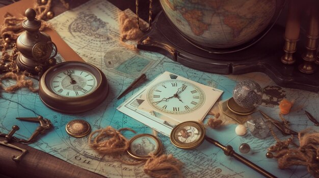 A globe and a clock on a table with a globe and a clock on it.