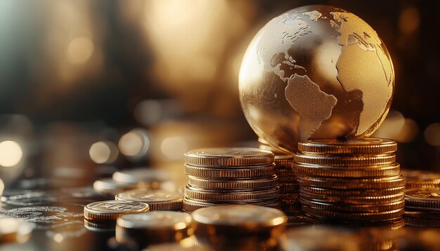 a globe of coins with a world globe on top of it